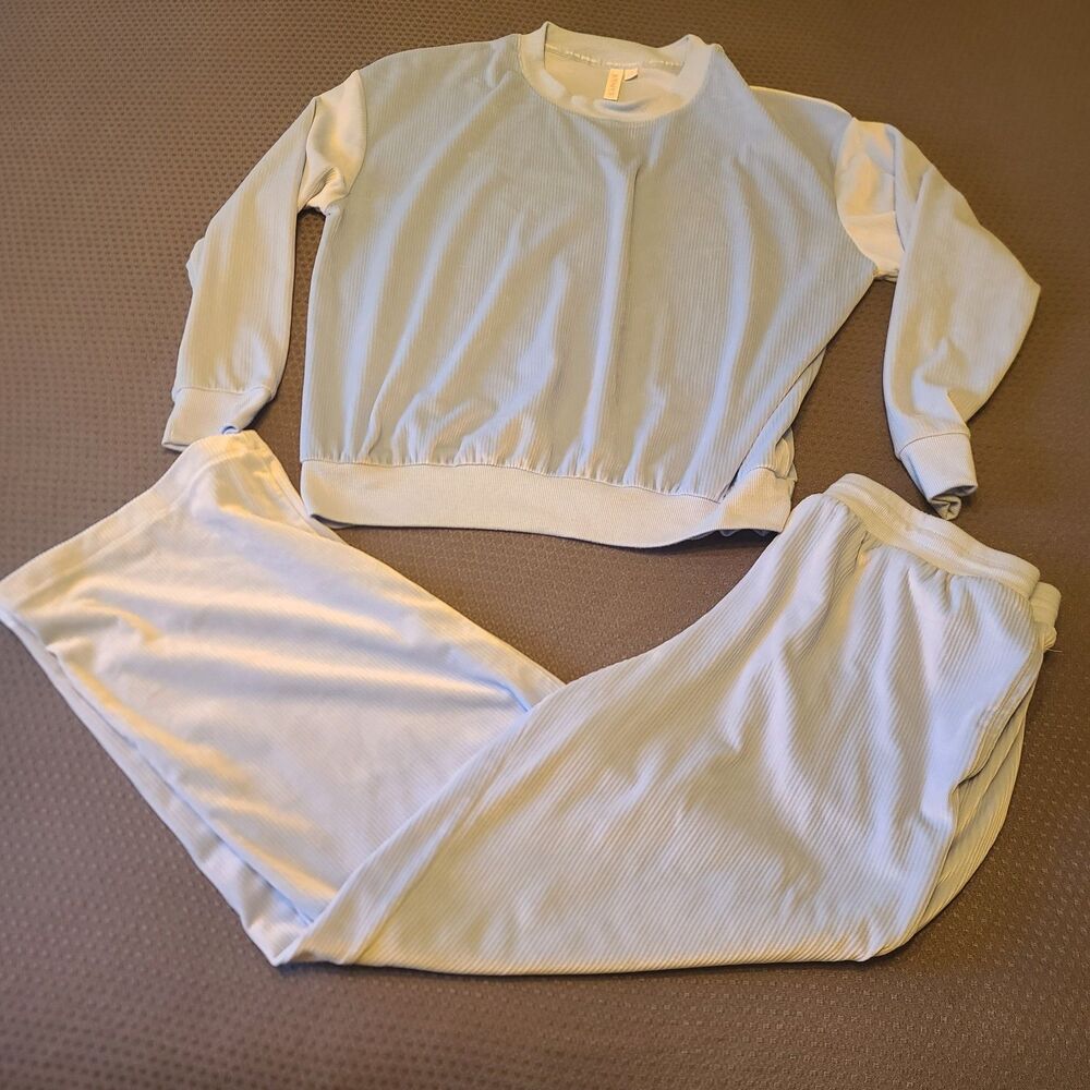 Joyspun Women's Velour Rib Lounge Sweater & Wide Leg Pant Sz M (8-10) Light Blue